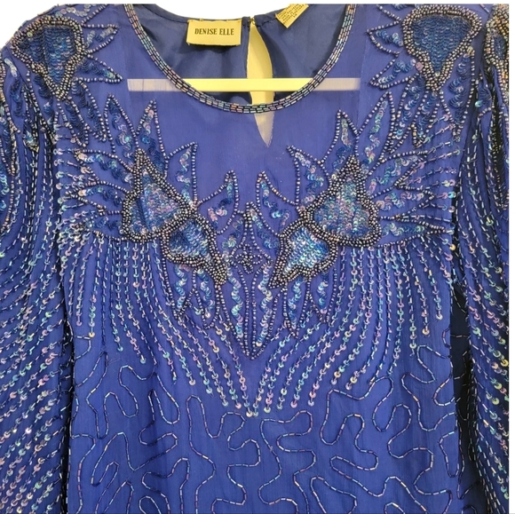 Denise Elle Royal Blue Beaded 100% Silk Formal Blouse Top‎ Size Medium - Picture 4 of 7